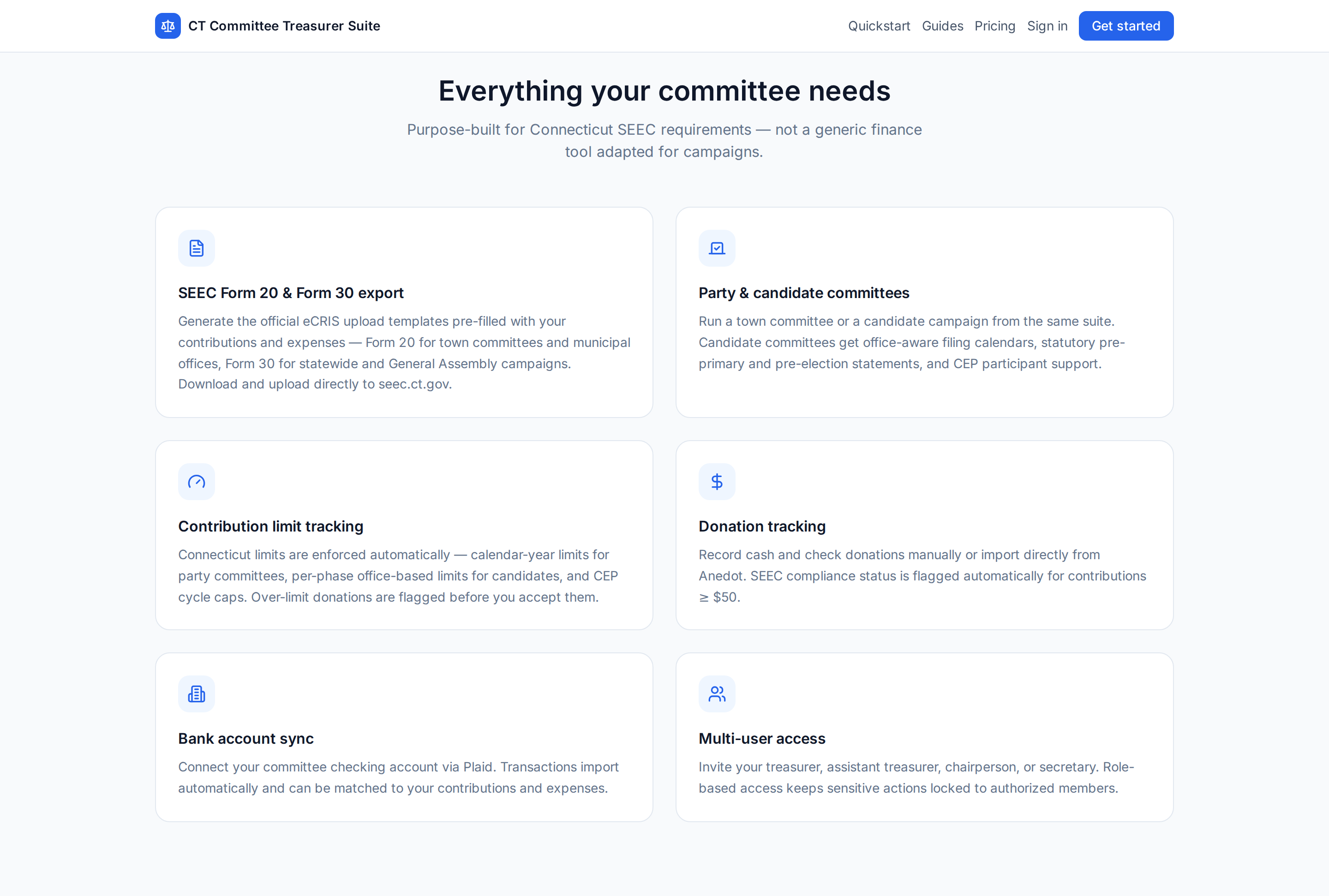 Feature overview — SEEC Form 20 and 30 export, contribution limit tracking, donation tracking, bank sync, multi-user access