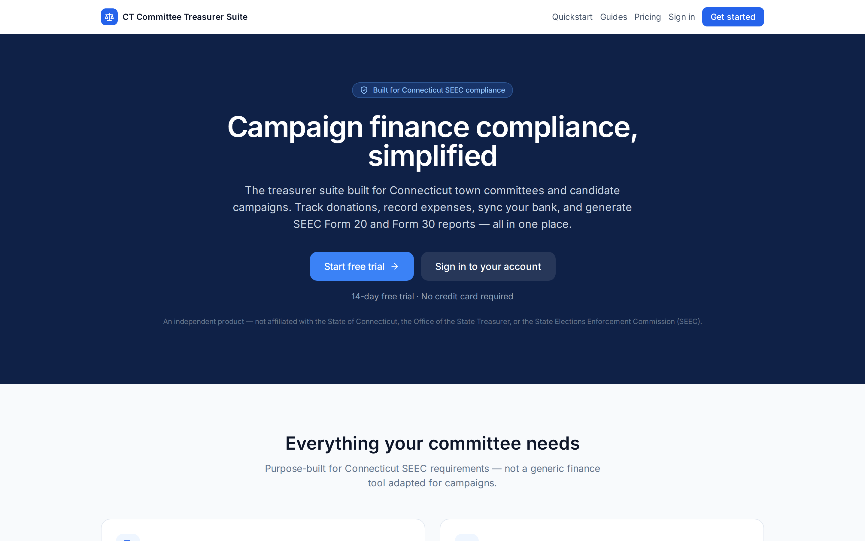 CT Committee Treasurer Suite homepage — Campaign finance compliance, simplified